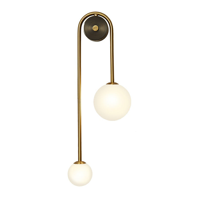 Postmodern Brass Arc Wall Sconce Light With Opal Glass Shade - 2-Head Metal Design