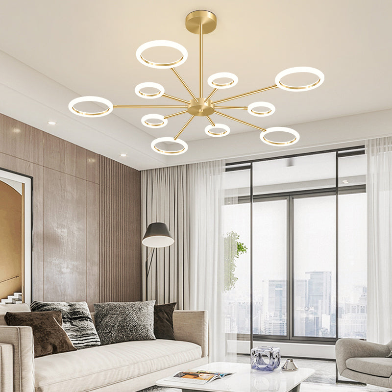 Minimalistic Gold Metal Sputnik Led Chandelier With Acrylic Circle Shade - Stylish Hanging Light