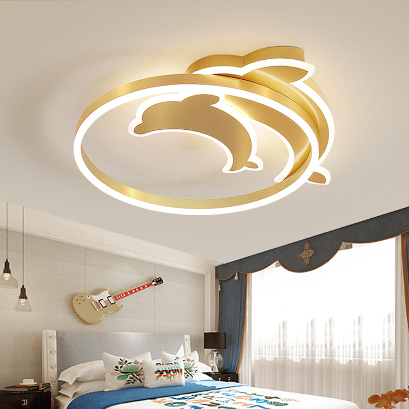 Gold Dolphin & Loop Led Ceiling Light For Kids With Acrylic Shade