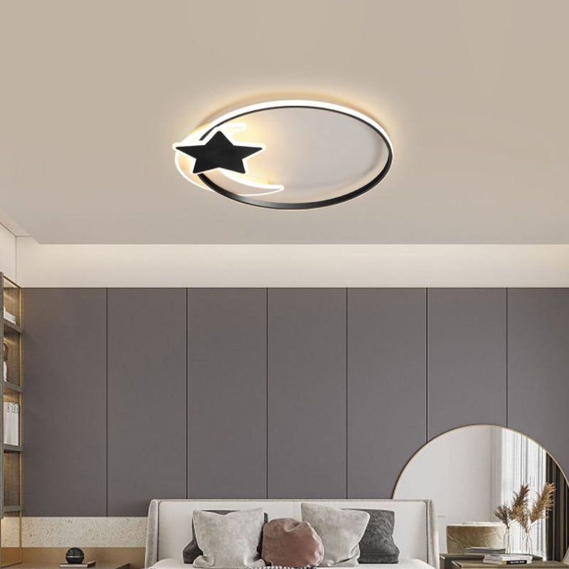 Black Ring Led Ceiling Flush Light With Moon And Star Decor - Simplicity Metal Mount Lamp