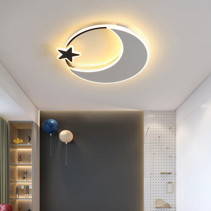 Kids Led Moon And Star Ceiling Light Fixture - Acrylic Black-White Flush Mount For Bedroom