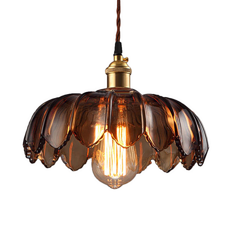 Industrial Scalloped Ceiling Lighting: 1-Light 8"/10"/12" Wide Brown Glass Hanging Lamp