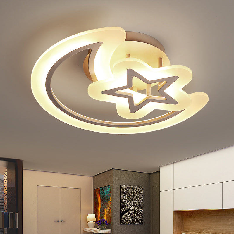 Kids' Moon and Star Ceiling Lamp - White LED Semi Flush Mount for Bedroom