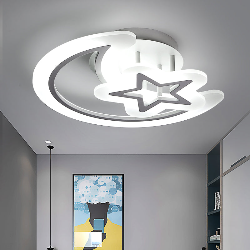 Kids' Moon and Star Ceiling Lamp - White LED Semi Flush Mount for Bedroom