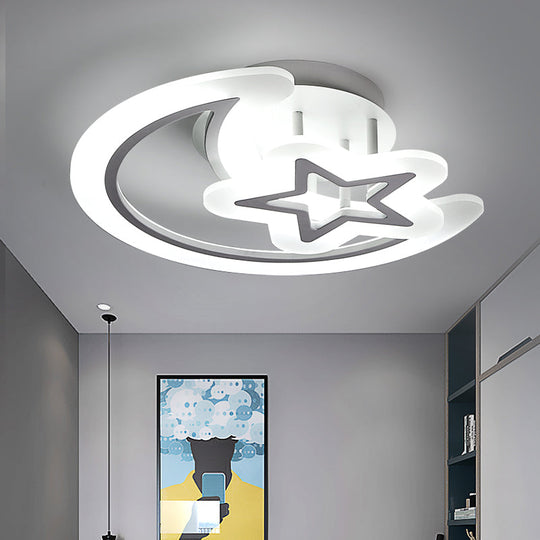 Kids Moon And Star Ceiling Lamp - White Led Semi Flush Mount For Bedroom / 19.5