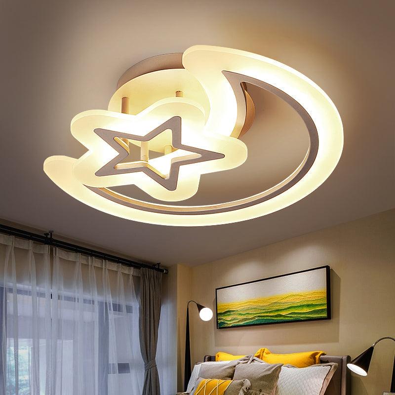 Kids' Moon and Star Ceiling Lamp - White LED Semi Flush Mount for Bedroom