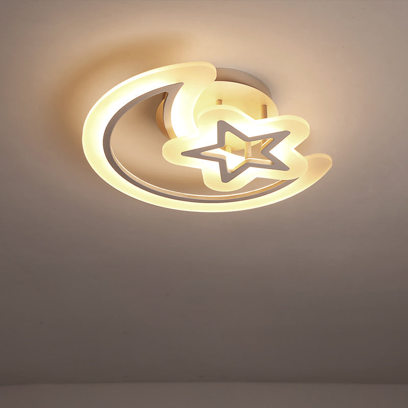 Kids' Moon and Star Ceiling Lamp - White LED Semi Flush Mount for Bedroom