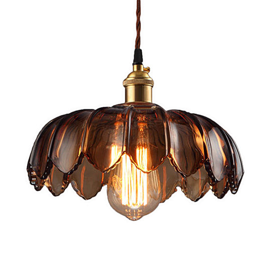 Industrial Scalloped Ceiling Lighting With Brown Glass - 1 Light 8/10/12 Wide Hanging Lamp