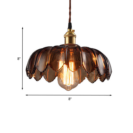 Industrial Scalloped Ceiling Lighting: 1-Light 8"/10"/12" Wide Brown Glass Hanging Lamp