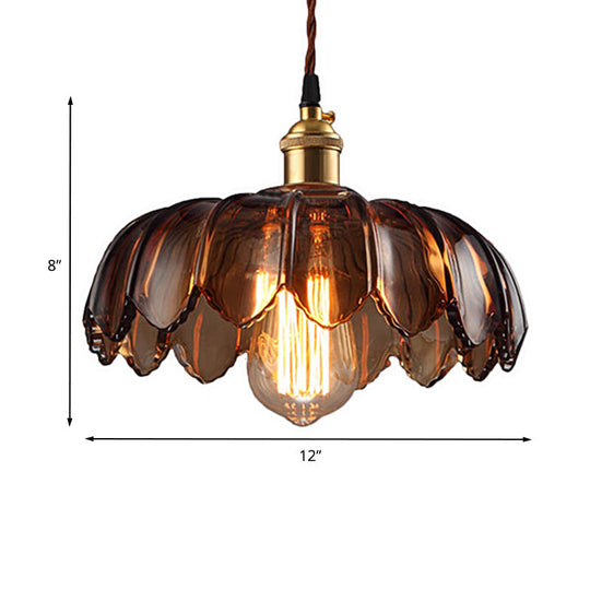 Industrial Scalloped Ceiling Lighting: 1-Light 8"/10"/12" Wide Brown Glass Hanging Lamp