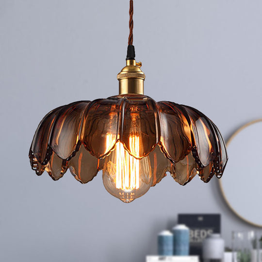 Industrial Scalloped Ceiling Lighting: 1-Light 8"/10"/12" Wide Brown Glass Hanging Lamp