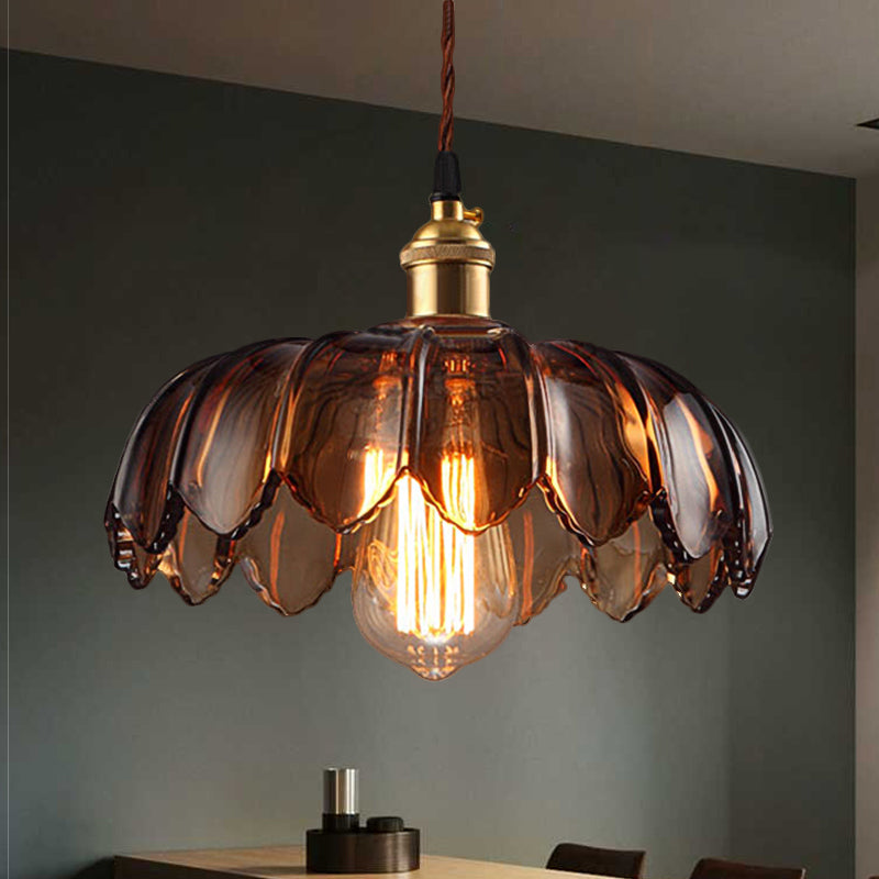 Industrial Scalloped Ceiling Lighting: 1-Light 8"/10"/12" Wide Brown Glass Hanging Lamp