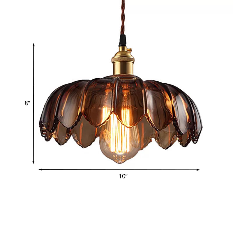 Industrial Scalloped Ceiling Lighting: 1-Light 8"/10"/12" Wide Brown Glass Hanging Lamp