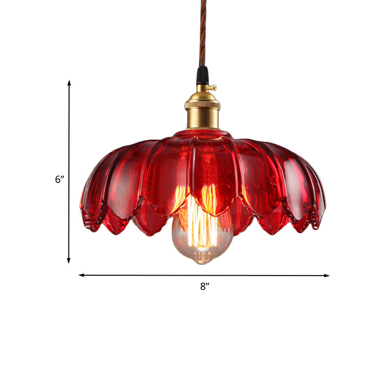 Industrial Scalloped Pendant Lamp - 1 Light Red Glass Hanging Ceiling Light for Living Room - 8"/10"/12" Wide