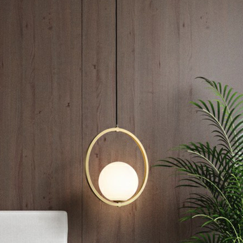 Simplicity Single Brass Pendant Lamp With Opaque Glass Shade And Metal Ring - Ball Suspension