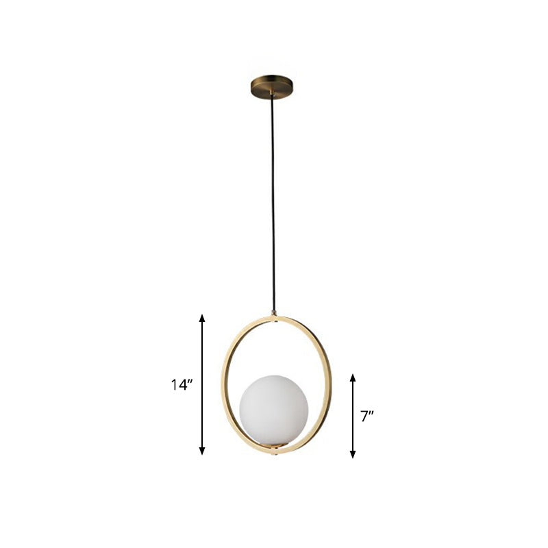 Simplicity Single Brass Pendant Lamp With Opaque Glass Shade And Metal Ring - Ball Suspension