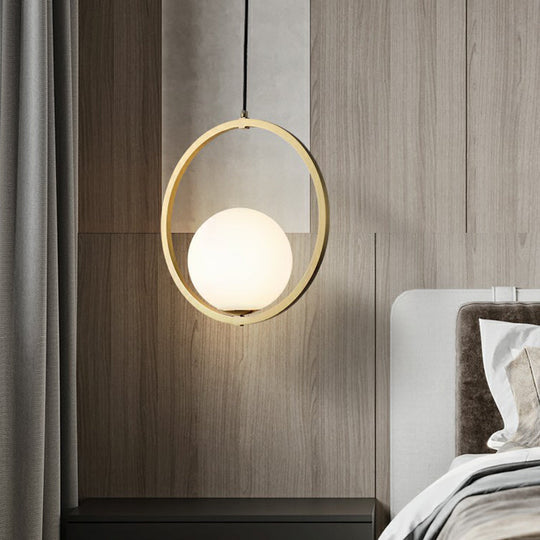 Simplicity Single Brass Pendant Lamp With Opaque Glass Shade And Metal Ring - Ball Suspension