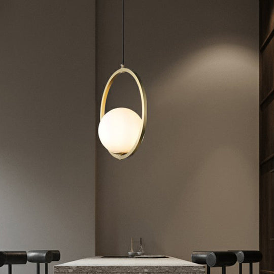 Opaque Glass Ball Ceiling Suspension Brass Drop Pendant with Metal Ring