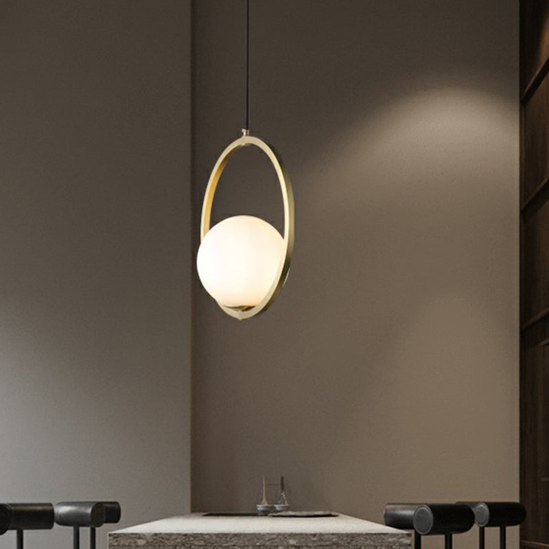 Simplicity Single Brass Pendant Lamp With Opaque Glass Shade And Metal Ring - Ball Suspension