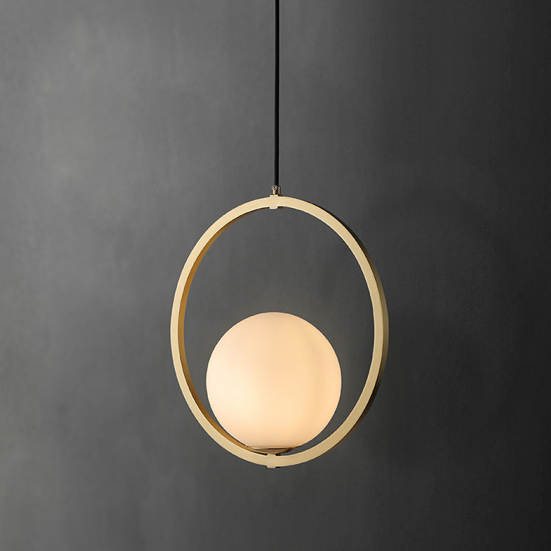 Simplicity Single Brass Pendant Lamp With Opaque Glass Shade And Metal Ring - Ball Suspension