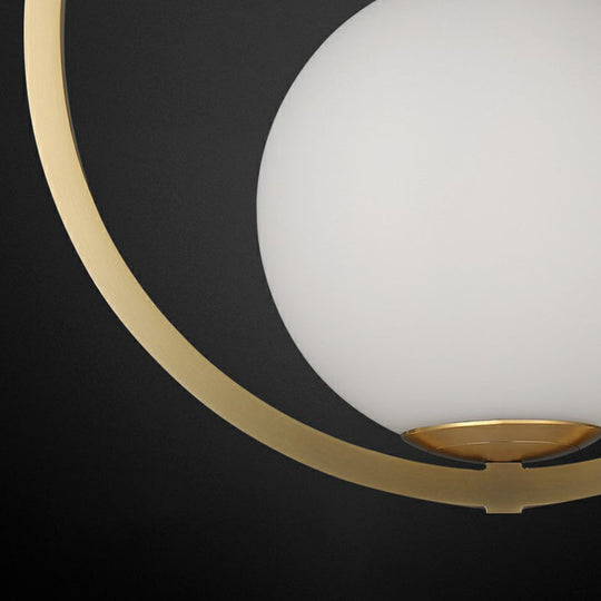 Simplicity Single Brass Pendant Lamp With Opaque Glass Shade And Metal Ring - Ball Suspension