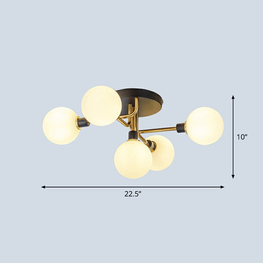 Postmodern 5-Light Sphere Flush Mount Lamp: Glass Semi Flush Mount Ceiling Light in Black-Brass for Bedrooms