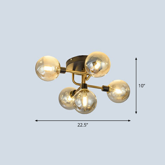 Postmodern 5-Light Sphere Flush Mount Lamp: Glass Semi Flush Mount Ceiling Light in Black-Brass for Bedrooms