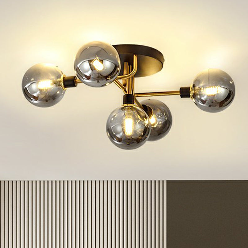 Postmodern 5-Light Sphere Flush Mount Lamp: Glass Semi Flush Mount Ceiling Light in Black-Brass for Bedrooms