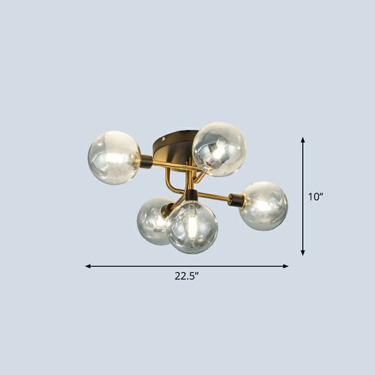 Postmodern 5-Light Sphere Flush Mount Lamp: Glass Semi Flush Mount Ceiling Light in Black-Brass for Bedrooms