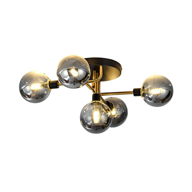 Postmodern 5-Light Sphere Flush Mount Lamp: Glass Semi Flush Mount Ceiling Light in Black-Brass for Bedrooms