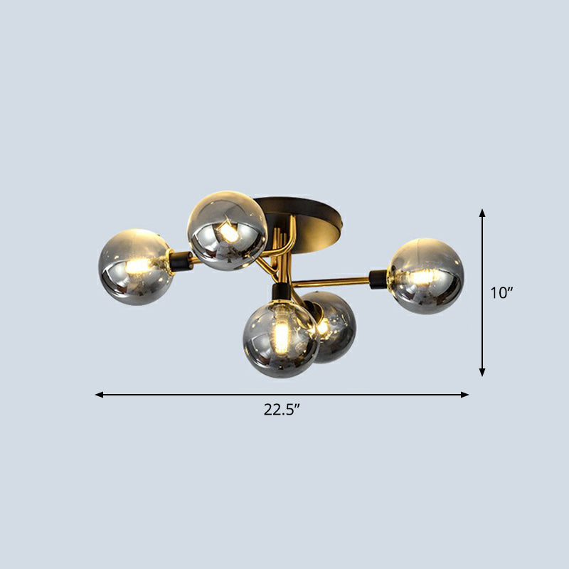 Postmodern 5-Light Sphere Flush Mount Lamp: Glass Semi Flush Mount Ceiling Light in Black-Brass for Bedrooms