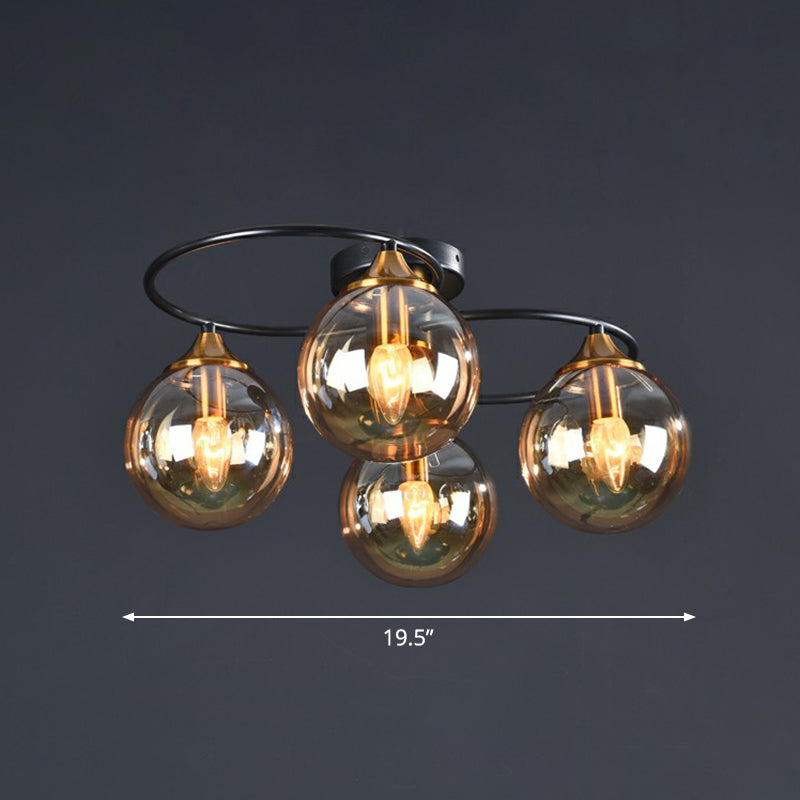 Black and Brass Postmodern Semi-Flush Chandelier with Glass Ball Shade for Ceiling Lighting