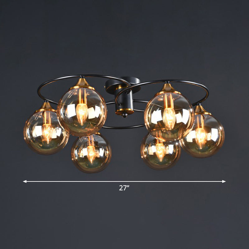 Black and Brass Postmodern Semi-Flush Chandelier with Glass Ball Shade for Ceiling Lighting