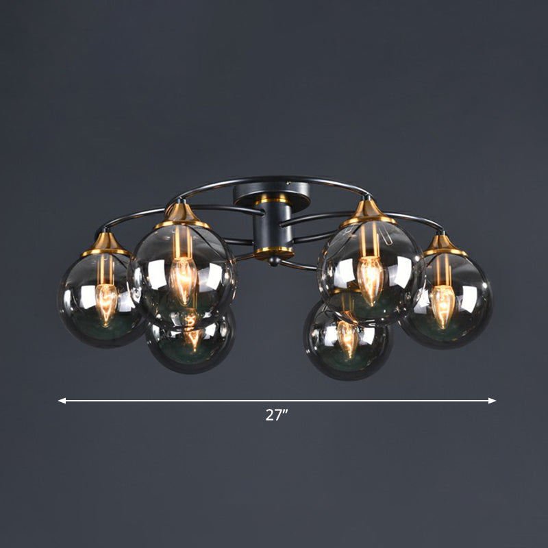 Black and Brass Postmodern Semi-Flush Chandelier with Glass Ball Shade for Ceiling Lighting