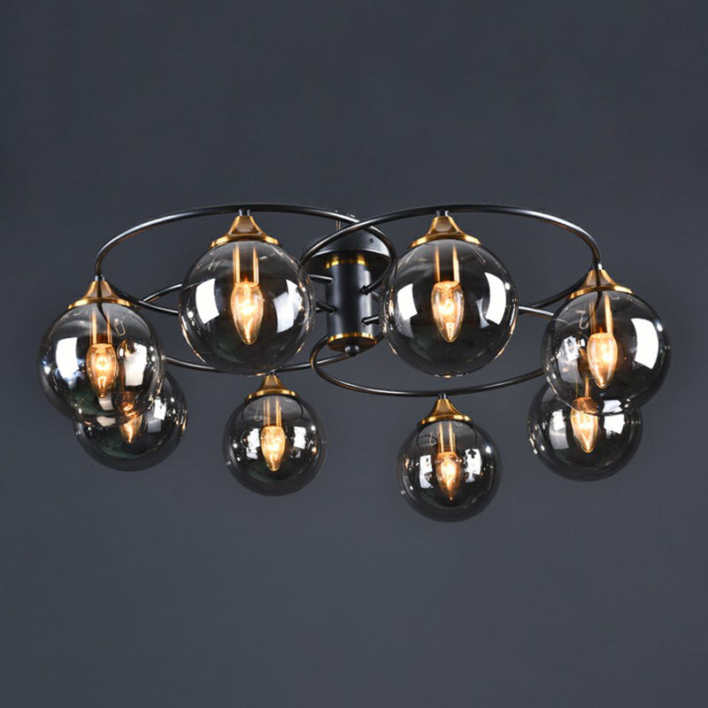 Black and Brass Postmodern Semi-Flush Chandelier with Glass Ball Shade for Ceiling Lighting