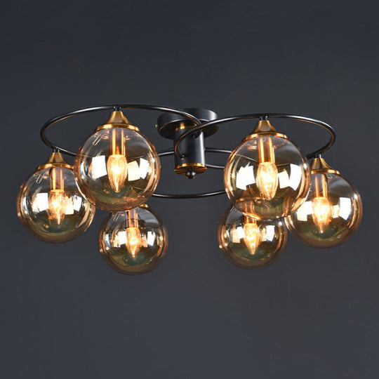 Black and Brass Postmodern Semi-Flush Chandelier with Glass Ball Shade for Ceiling Lighting