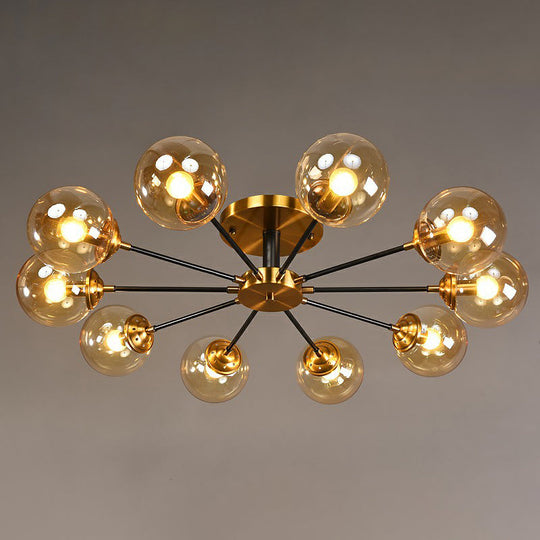 Radial Flush Mount Black And Brass Ceiling Light With Glass Ball Shade 10 / Amber