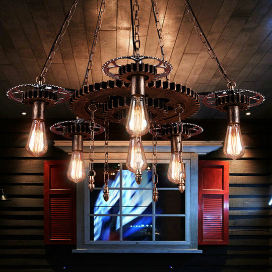 Industrial 6-Light Metal Chandelier with Exposed Bulbs - Silver/Bronze Pendant Lighting for Dining Room with Gear Design