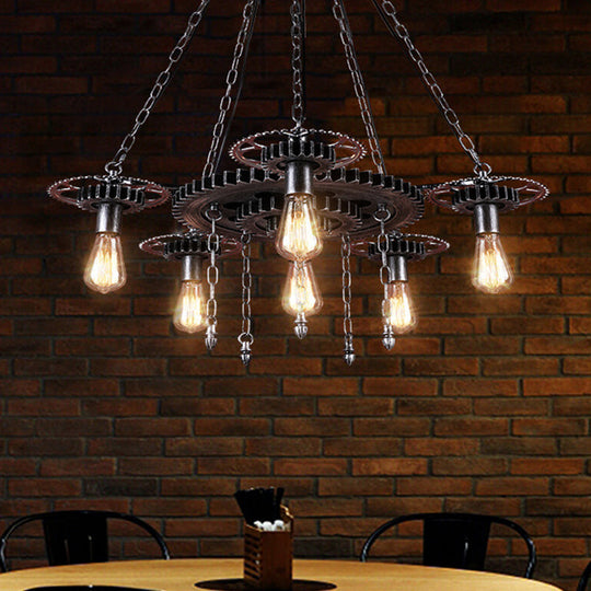 Industrial 6-Light Metal Chandelier with Exposed Bulbs - Silver/Bronze Pendant Lighting for Dining Room with Gear Design