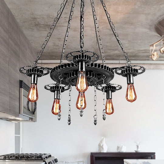 Industrial 6-Light Metal Chandelier with Exposed Bulbs - Silver/Bronze Pendant Lighting for Dining Room with Gear Design