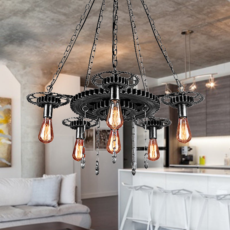 Industrial 6-Light Metal Chandelier with Exposed Bulbs - Silver/Bronze Pendant Lighting for Dining Room with Gear Design