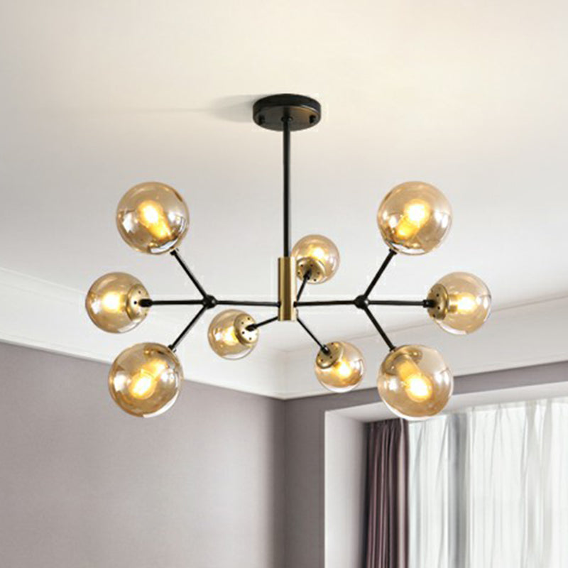 Postmodern Hanging Light Ball Glass Chandelier for Bedroom in Black and Brass