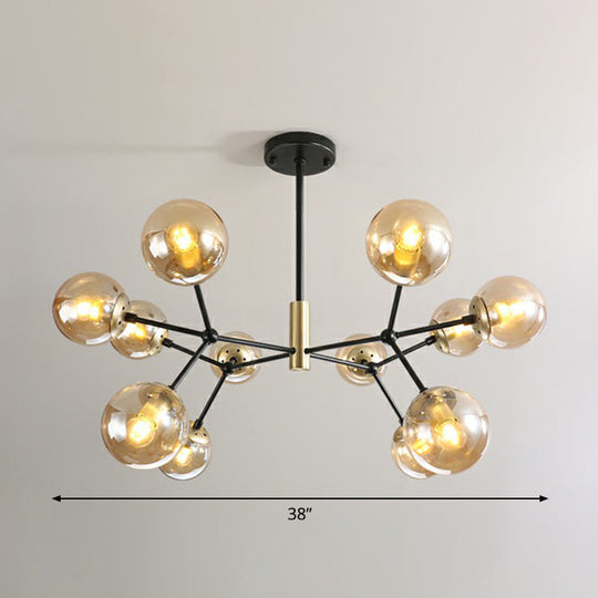 Postmodern Hanging Light Ball Glass Chandelier for Bedroom in Black and Brass