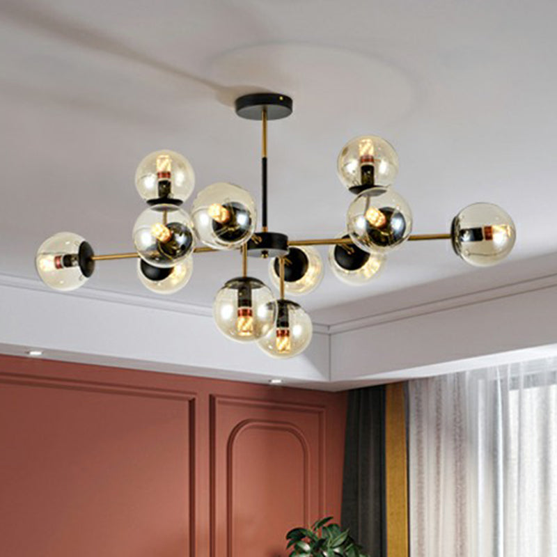 Sleek Black-Brass Spherical Chandelier – Nordic Glass Ceiling Suspension Lamp for Dining Room