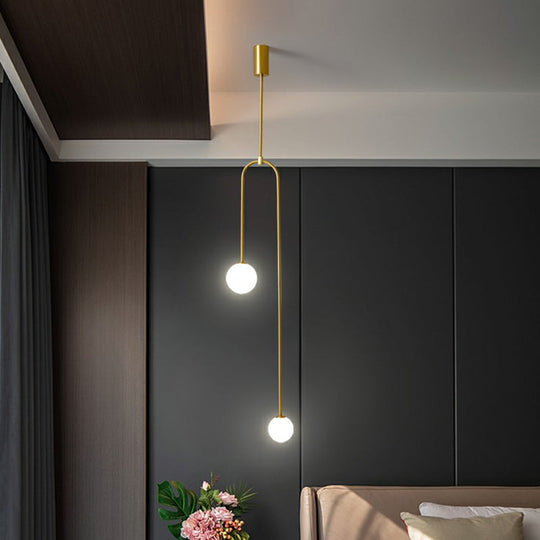 Opal Glass 2-Light Minimalistic Pendant Ceiling Light in Brass – Bedside Chandelier