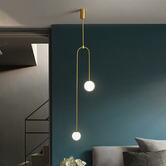 Opal Glass 2-Light Minimalistic Pendant Ceiling Light in Brass – Bedside Chandelier