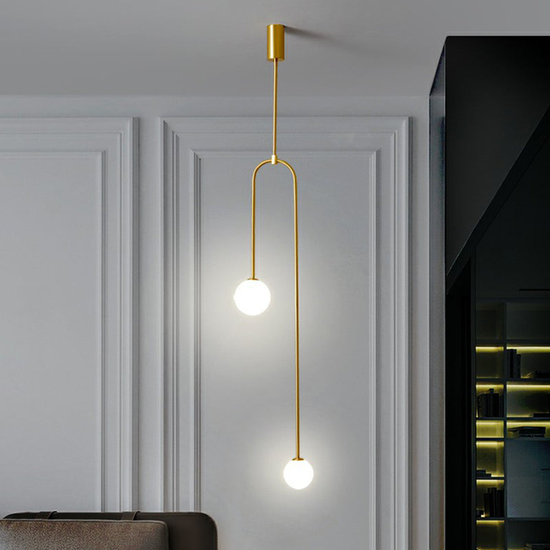 Opal Glass 2-Light Minimalistic Pendant Ceiling Light in Brass – Bedside Chandelier