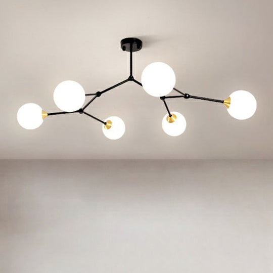 Sleek Metal Branch Chandelier - Simplicity With Semi Flush Mount Ball Milk Glass Shade 6 / Black