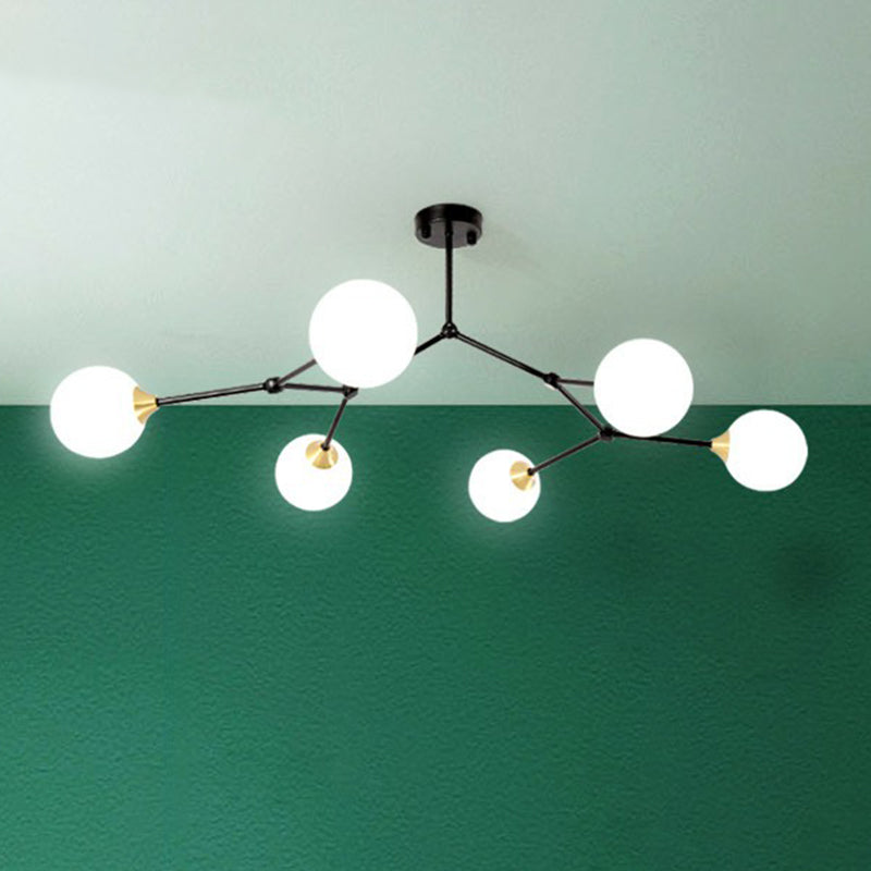 Sleek Metal Branch Chandelier - Simplicity With Semi Flush Mount Ball Milk Glass Shade 4 / Black