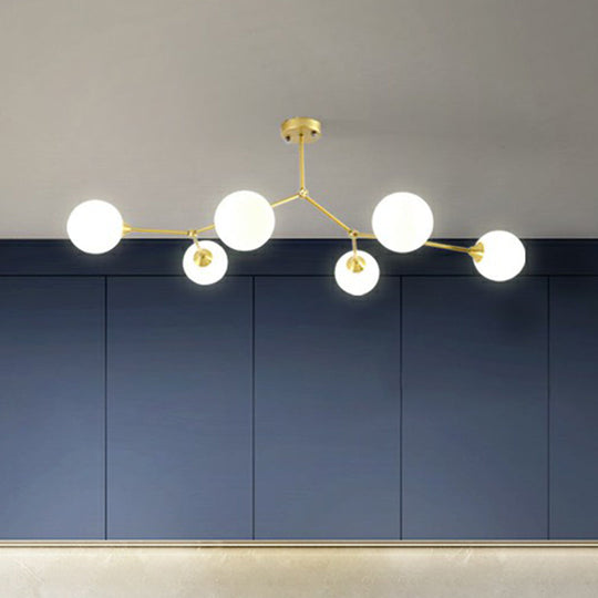 Sleek Metal Branch Chandelier - Simplicity With Semi Flush Mount Ball Milk Glass Shade 5 / Gold